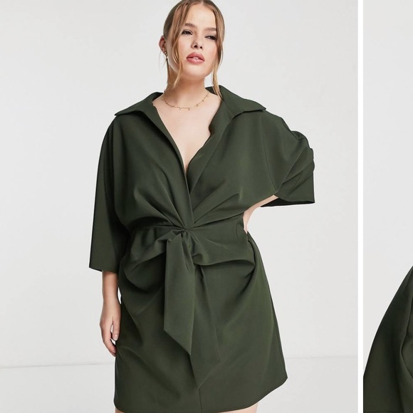 ASOS DESIGN Curve collared wrap front batwing mini dress with knot in khaki. - Picture 1 of 4